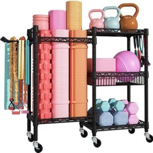 FUTASSI Home Gym Storage, Yoga Mat Storage and Organizer Rack, Portable and Movable Workout Equipment Storage Rack for Yoga Mats, Dumbbells, Kettlebells, Foam Rollers, Resistance Bands, Black