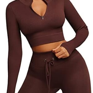 FeelinGirl Workout Sets for Women 2 Piece Seamless Long Sleeve Crop Tops Seamless Ribbed High Waist Leggings