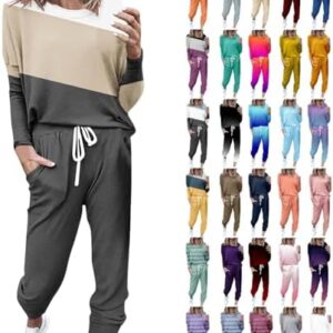 Gcvizuso Sweatsuit for Women Casual Long Sleeve 2 Piece Set Crewneck Loose Pullover and Drawstring Sweatpants Sport Outfits