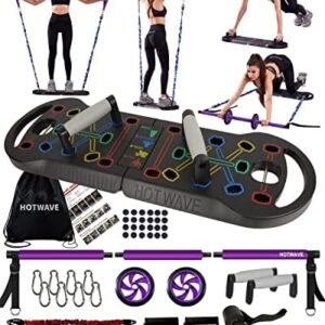 HOTWAVE Portable Home Gym with 16 Fitness Accessories,Pushups Board with Resistance Band,Ab Roller for Abs Workout,Pilates Bar Kit,All-In-One Exercise System for Man and Women