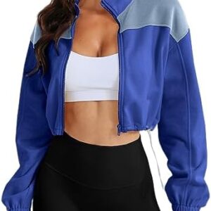 Herseas Women Crop Workout Jacket Color Block Long Sleeve Fleece Winter Coat