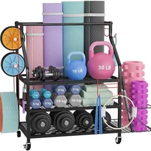 Home Gym Storage Rack, Yoga Mat Holder With Kettlebell Dumbbell Rack, Workout Equipment Storage for Ab Roller Foam Roller & Resistance Band, Women Men Weight Rack with Hooks & Casters Wheels