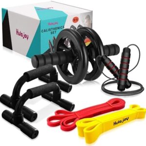 Hulajoy - Calisthenics Equipment | Exercise Equipment, Workout Equipment, Home Gym | Resistance Bands, Jump Rope, Ab Roller Wheel, Push up Grips | Equipment for Full-Body Workout | Set 5 in 1