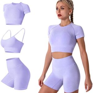 IWEMEK Women Seamless Yoga Outfits 2 Piece Workout Short Sleeve Crop Top with High Waisted Running Shorts Sets Activewear