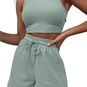 Lingswallow 2 Piece Women Lounge Sets - Sleeveless Crop Top and Shorts Waffle Lounge Set Tracksuits Sweatsuits for Women