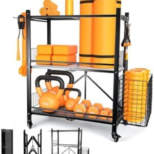 London & Byrd - Set up in minutes - Home Gym Storage Rack. Steel construction, heavy duty wheels, with basket and hooks. Great for yoga mat storage, kettlebell storage, and small dumbbell storage.