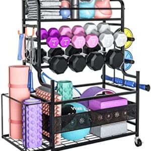 MESHDO Weight Rack for Dumbbells, Adjustable Dumbbell Rack Weight Stand, Home Gym Storage Rack for Yoga Mat Dumbbells Kettlebells and Balls, All in One Workout Equipment Organizer with Wheels, Leveling feet and Hooks