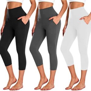 NEW YOUNG 3 Pack Capri Leggings for Women with Pockets-High Waisted Tummy Control Black Workout Gym Yoga Pants