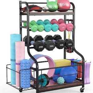 NUDUKO Weight Rack for Dumbbells, All in One Home Gym Storage Rack for Yoga Mat Dumbbells and Kettlebells Holder, 4 Tier Heavy Duty Metal Workout Gym Equipment Storage Organizer with Wheels and Hooks