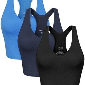 ODODOS 3-Pack Seamless Racerback Crop Tank for Women Ribbed Knit Soft Crop Tops