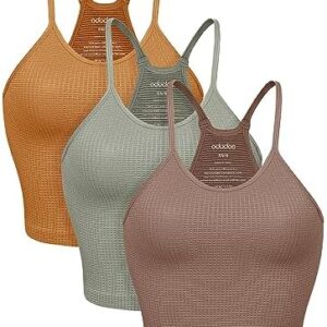 ODODOS Women's Crop 3-Pack Waffle Knit Seamless Camisole Crop Tank Tops