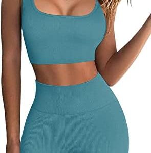 OLCHEE Women's Sexy 2 Piece Workout Outfits - Seamless Ribbed Leggings and Square-cut Sports Bra Yoga Activewear Set