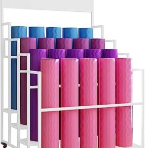 OMKUOSYA Large Yoga Mat Holder, Heavy Duty Rolling Exercise Mats & Foam Rollers Storage Rack, Fitness Equipment Organizer Stand with Wheels, for Home Gym Yoga Studio (Color : White, Size : 4 Tier)