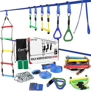 OMOTIYA Ninja Warrior Obstacle Course for Kids, 2 x 50FT Double Weatherproof Slacklines for Backyard, 6 Accessories, Outside Playset Equipment Girls Boys, Ladder, Monkey Bars, Rings Plus Arm Trainer