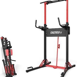 ONETWOFIT Power Tower Pull Up Bar Station, Multi-Function Adjustable Height Foldable Dip Station for Home Gym Workout, Heavy Duty Strength Training Fitness Equipment, Pull Up Stand 400LBS