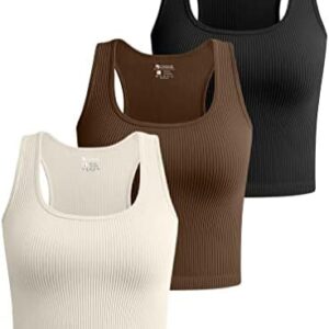 OQQ Women's 3 Piece Crop Tank Tops Ribbed Seamless Workout Sleeveless Shirts Racerback Crop Tops