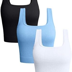 OQQ Women's 3 Piece Tank Tops Ribbed Seamless Workout Exercise Shirts Yoga Crop Tops