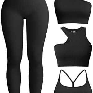 OQQ Womens 4 Piece Workout Outfits Ribbed Yoga High Waist Leggings with 3 Piece Crop Tops with Sports Bra Exercise Set