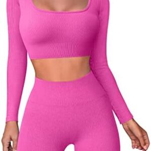 OQQ Workout Outfits for Women 2 Piece Ribbed Exercise Long Sleeve Tops High Waist Leggings Active Yoga Set