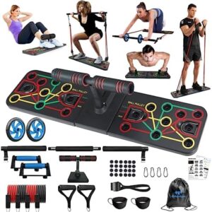 Portable Home Gym Equiptment: Push-Up Board, Pilates Exercise & 20 Fitness Accessories with Resistance Bands, Sit-Up Base, Ab Roller Wheel - Full Body Workout for Men and Women, Gift for Boyfriend