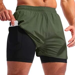 Pudolla Men’s 2 in 1 Running Shorts 5" Quick Dry Gym Athletic Workout Shorts for Men with Phone Pockets