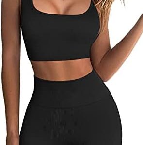 QINSEN Workout Sets for Women 2 Piece Seamless Ribbed Crop Tank High Waist Shorts Yoga Outfits