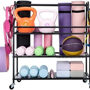 QUSIMI Yoga Mat Equip Storage Rack on Wheel, Dumbbells Kettlebells Workout Storage Weight Rack Cart,Large Home Gym Equipment Multi-use Storage Rack Holder Organizer