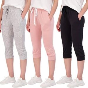 Real Essentials 3-Pack: Women's Capri Joggers Cuffed Athletic Casual Soft Sweatpants with Pockets (Available in Plus Size)