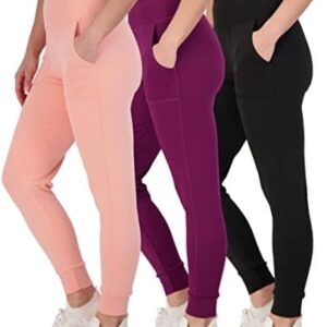 Real Essentials 3 Pack: Women's Joggers with Pockets - High Waist Workout Yoga Tapered Sweatpants Lounge (Available in Plus)