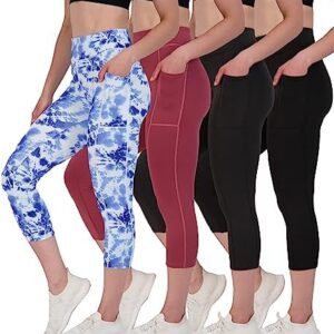 Real Essentials 4 Pack: Women's Capri Leggings with Pockets Casual Yoga Workout Exercise Pants (Available in Plus Size)