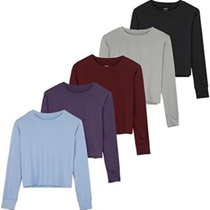 Real Essentials 5 Pack: Women's Dry Fit Crop Top - Long Sleeve Crew Neck Stretch Athletic Tee (Available in Plus Size)