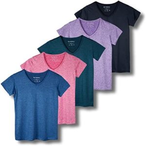 Real Essentials 5 Pack: Women's Short Sleeve V-Neck Activewear T-Shirt Dry-Fit Wicking Yoga Top (Available in Plus)