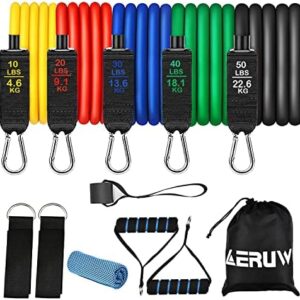 Resistance Band Set 12 Pcs Pilates Resistance 150lbs Training Instant Cooling Towel, Door Anchor, Ankle Straps, Stackable Resistance Bands with Handles & Instruction Booklet for Yoga Home Workout