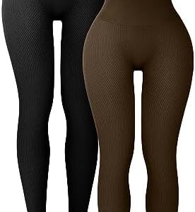 SUNCLOVE 2 Pack Leggings for Women Ribbed Seamless Leggings High Waisted Tummy Control Yoga Pants Women Workout Tights