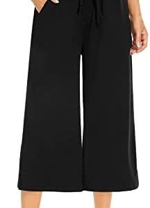 SUNYAA Womens Capri Yoga Pants Wide Leg Casual Summer Drawstring Loose Comfy Lounge Capri Sweatpants Pajamas with Pockets