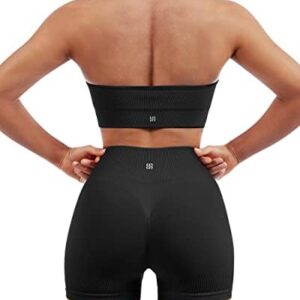 SUUKSESS Women Seamless Ribbed Workout Set Backless Sports Bra Booty Biker Short