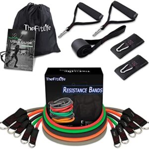 TheFitLife Exercise Resistance Bands with Handles - 5 Fitness Workout Bands Stackable up to 110/150/200/250/300 lbs, Training Tubes with Large Handles, Ankle Straps, Door Anchor, Carry Bag