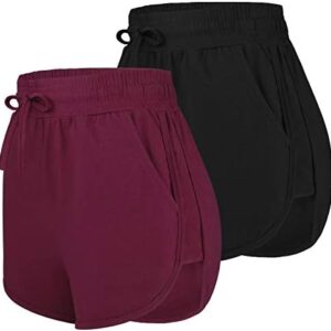 URATOT 2 Pack Cotton Yoga Short Women Summer Running Gym Sports Waistband Shorts with Pockets