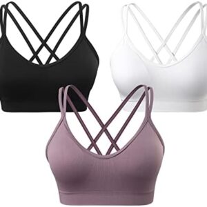 VEQKING Women's Cross Back Sports Bra Padded Strappy Medium Support Yoga Bra for Workout Fitness 3 Pack