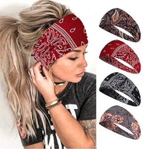 Vemalo Wide Headbands for Women, Boho Bandeau Head Bands, Workout Head Wraps, Stretch No Slip Hair Wraps Pack of 4 (Stylish)