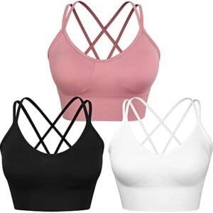 WANAYOU Women Strappy Sports Bra for Women,Cross Back Sports Bra Padded Yoga Bra 3 Pack Medium Support Workout Bra