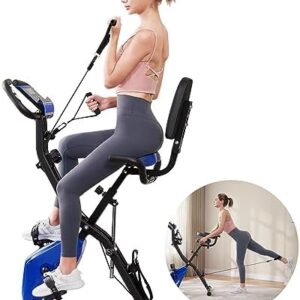 WHTOR Stationary Bike 4 in 1 Foldable Exercise Bike for Home with Pulse Sensor and 16 Level Adjustable Magnetic, Workout Cycling Upright Bike with Arm and Leg Resistance Band for Seniors