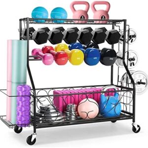 Weight Rack,Dumbbell Rack Weight Stand,Home Gym Storage for Dumbbells Kettlebells Yoga Mat,All in One Workout Storage Rack with 3 inch Wheels and Hooks,Exercise Equipment Storage Rack Organizer