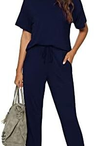 WiWi Womens Bamboo Viscose Two Piece Outfits Short Sleeve Tracksuit Workout Long Pants Jogger Lounge Sets Pajama Set S-XXL