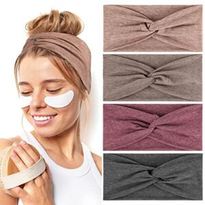 Wide Headbands for Women 4Pcs, Soft Cotton Like Head Bands for Women's Hair, Stretchy Breathable Non Slip Top Knotted Headband for Women Girl Workout Skincare Spa Face Washing (Dark Colors)