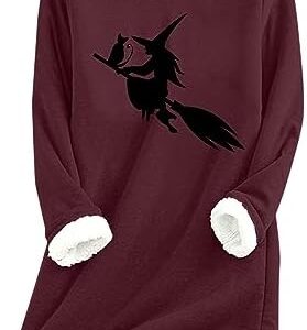 Women Halloween Sherpa Fleece Lined Tops Witch Printed Thicker Warm Sweatshirt Holiday Fuzzy Long Sleeve Thermal Pullover