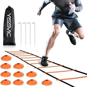 YISSVIC Agility Ladder and Cones 20 Feet 12 Adjustable Rungs Fitness Speed Training Equipment,1 Carry Bags, 10 Cones, 4 Stakes, Basketball, Soccer