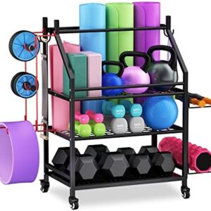 Yoga Mat Storage Racks, Home Gym Storage Rack for Dumbbells Kettlebells and Yoga Mat, Workout Equipment Rack with Wheels and Hooks, Perfect for Home, Gym, Garage