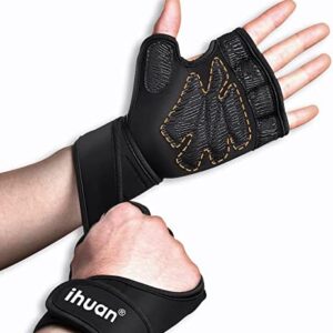 ihuan Weight Lifting Gym Workout Gloves with Wrist Wrap Support for Men & Women, Full Palm Protection, for Weightlifting, Training, Fitness, Exercise, Pull ups