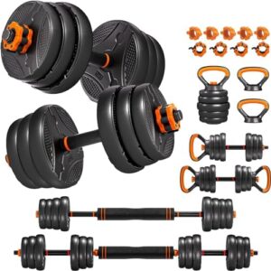 Adjustable Dumbbells, 44LB Free weights dumbbells set with Connector, 4 in1 workout equipment Used as Barbell, Kettlebells, Push up Stand, Fitness Exercises for Home Gym Suitable Men/Women